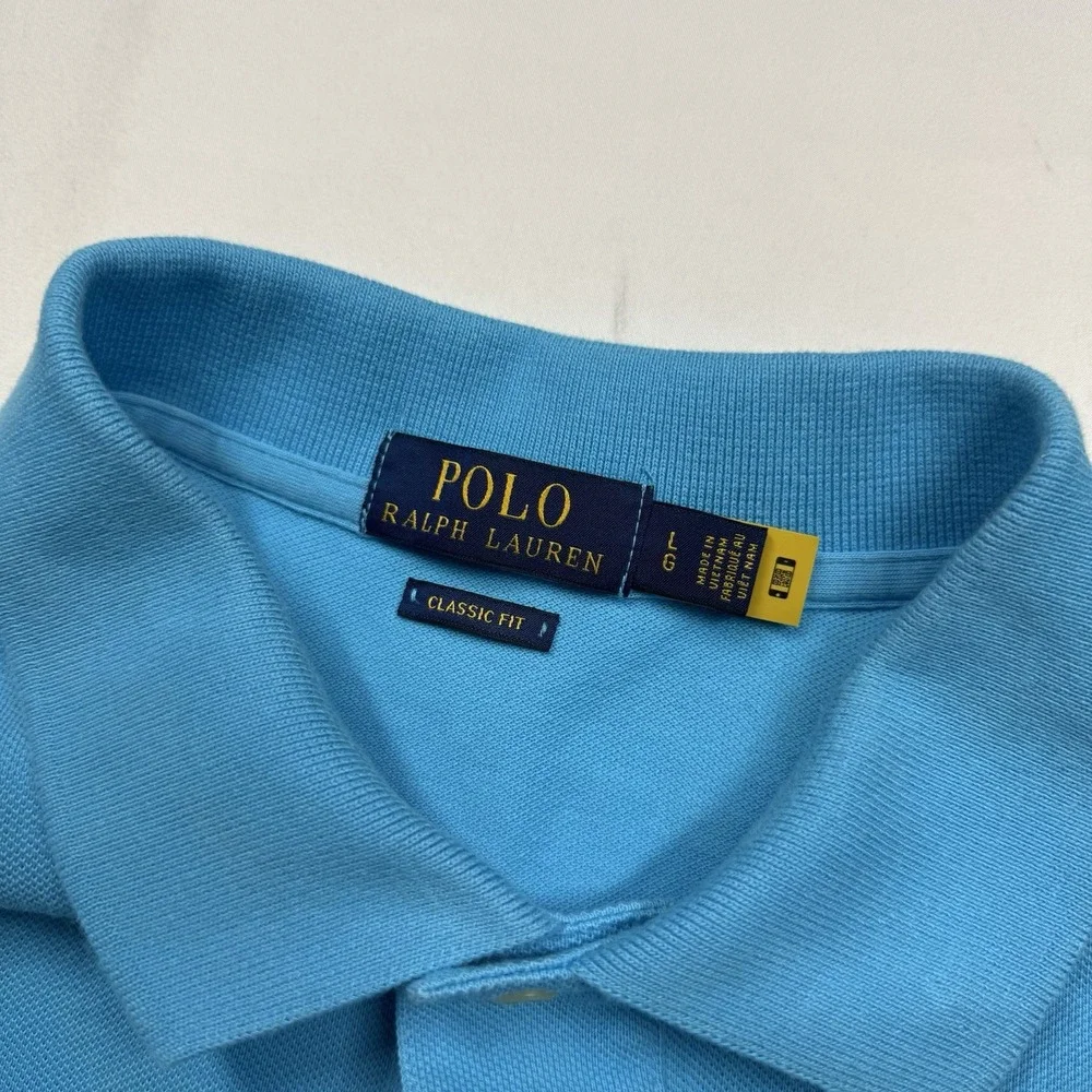 Ralph Lauren Polo Shirt Mens Large Sky Blue Classic Fit Yellow Pony Short Sleeve